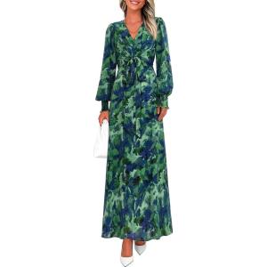 PRETTYGARDEN Women’s 2026 Spring Wedding Guest Dresses Floral Long Sleeve V Neck Belted Long Flowy Boho Maxi Dress(Floral Green)