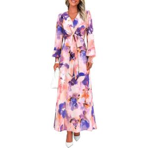 PRETTYGARDEN Women’s 2026 Spring Wedding Guest Dresses Floral Long Sleeve V Neck Belted Long Flowy Boho Maxi Dress(Floral Multicolored)