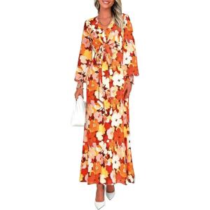 PRETTYGARDEN Women’s 2026 Spring Wedding Guest Dresses Floral Long Sleeve V Neck Belted Long Flowy Boho Maxi Dress(Floral Orange)
