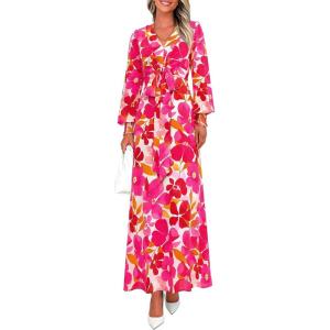PRETTYGARDEN Women’s 2026 Spring Wedding Guest Dresses Floral Long Sleeve V Neck Belted Long Flowy Boho Maxi Dress(Floral White Rose Red)