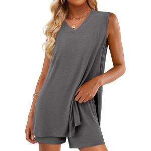 PRETTYGARDEN Women’s 2026 Summer 2 Piece Shorts Sets V Neck Long Tank Tops High Waisted Loose Fit Matching Travel Outfits(Dark Grey)