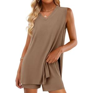PRETTYGARDEN Women’s 2026 Summer 2 Piece Shorts Sets V Neck Long Tank Tops High Waisted Loose Fit Matching Travel Outfits(Khaki)