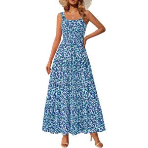 PRETTYGARDEN Women’s 2026 Summer Floral Maxi Dress Sleeveless Smocked Ruffle Long Flowy Beach Vacation Boho Sundresses(Blue Floral)