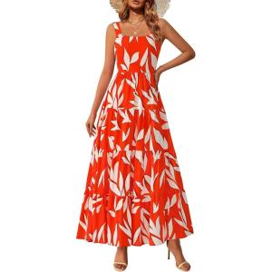 PRETTYGARDEN Women’s 2026 Summer Floral Maxi Dress Sleeveless Smocked Ruffle Long Flowy Beach Vacation Boho Sundresses(Floral Orange Beige)