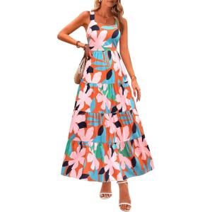 PRETTYGARDEN Women’s 2026 Summer Floral Maxi Dress Sleeveless Smocked Ruffle Long Flowy Beach Vacation Boho Sundresses(Floral Orange Pink)