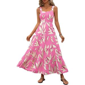PRETTYGARDEN Women’s 2026 Summer Floral Maxi Dress Sleeveless Smocked Ruffle Long Flowy Beach Vacation Boho Sundresses(Floral Pink Beige)