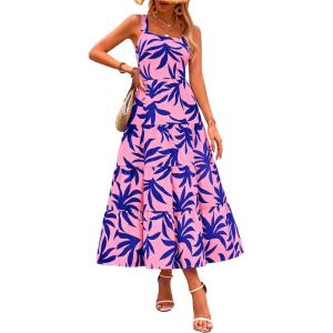 PRETTYGARDEN Women’s 2026 Summer Floral Maxi Dress Sleeveless Smocked Ruffle Long Flowy Beach Vacation Boho Sundresses(Floral Pink Blue)