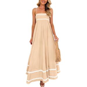 PRETTYGARDEN Women’s 2026 Summer Flowy Maxi Dress Casual Sleeveless Spaghetti Strap Ruffle Beach Long Dresses(Beige)