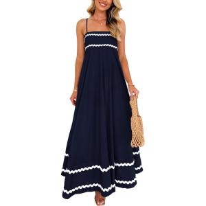 PRETTYGARDEN Women’s 2026 Summer Flowy Maxi Dress Casual Sleeveless Spaghetti Strap Ruffle Beach Long Dresses(Dark Blue)