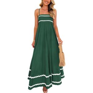 PRETTYGARDEN Women’s 2026 Summer Flowy Maxi Dress Casual Sleeveless Spaghetti Strap Ruffle Beach Long Dresses(Dark Green)
