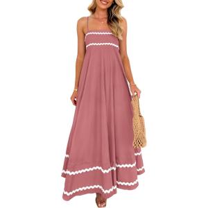 PRETTYGARDEN Women’s 2026 Summer Flowy Maxi Dress Casual Sleeveless Spaghetti Strap Ruffle Beach Long Dresses(Dark Pink)