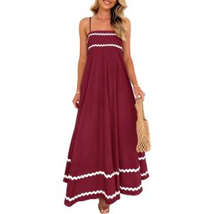 PRETTYGARDEN Women’s 2026 Summer Flowy Maxi Dress Casual Sleeveless Spaghetti Strap Ruffle Beach Long Dresses(Dark Red)