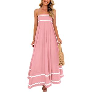 PRETTYGARDEN Women’s 2026 Summer Flowy Maxi Dress Casual Sleeveless Spaghetti Strap Ruffle Beach Long Dresses(Pink)