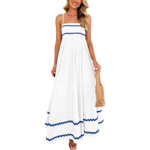 PRETTYGARDEN Women’s 2026 Summer Flowy Maxi Dress Casual Sleeveless Spaghetti Strap Ruffle Beach Long Dresses(White Blue)