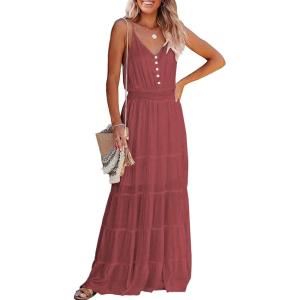 PRETTYGARDEN Women’s 2026 Summer Maxi Dress Spaghetti Strap Sleeveless High Waist Beach Vacation Long Sundresses(Brick Red)