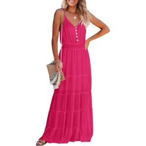 PRETTYGARDEN Women’s 2026 Summer Maxi Dress Spaghetti Strap Sleeveless High Waist Beach Vacation Long Sundresses(Dark Rose Red)