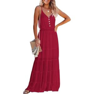 PRETTYGARDEN Women’s 2026 Summer Maxi Dress Spaghetti Strap Sleeveless High Waist Beach Vacation Long Sundresses(Deep Red)