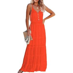 PRETTYGARDEN Women’s 2026 Summer Maxi Dress Spaghetti Strap Sleeveless High Waist Beach Vacation Long Sundresses(Orange)