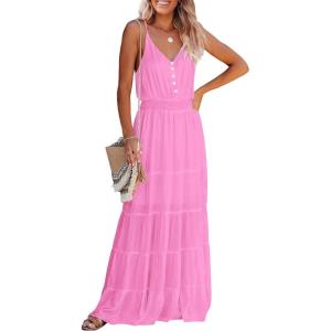 PRETTYGARDEN Women’s 2026 Summer Maxi Dress Spaghetti Strap Sleeveless High Waist Beach Vacation Long Sundresses(Rose Pink)