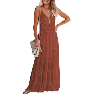 PRETTYGARDEN Women’s 2026 Summer Maxi Dress Spaghetti Strap Sleeveless High Waist Beach Vacation Long Sundresses(Rust Red)