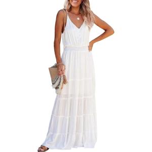PRETTYGARDEN Women’s 2026 Summer Maxi Dress Spaghetti Strap Sleeveless High Waist Beach Vacation Long Sundresses(White)