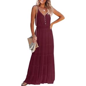 PRETTYGARDEN Women’s 2026 Summer Maxi Dress Spaghetti Strap Sleeveless High Waist Beach Vacation Long Sundresses(Wine Red)