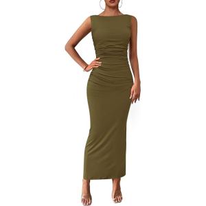 PRETTYGARDEN Women’s 2026 Summer Semi Formal Midi Dresses Sleeveless Ruched Bodycon Long Elegant Cocktail Wedding Guest Dress(Army Green)