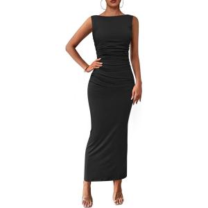 PRETTYGARDEN Women’s 2026 Summer Semi Formal Midi Dresses Sleeveless Ruched Bodycon Long Elegant Cocktail Wedding Guest Dress(Black)