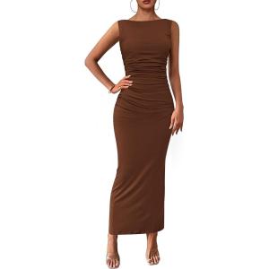PRETTYGARDEN Women’s 2026 Summer Semi Formal Midi Dresses Sleeveless Ruched Bodycon Long Elegant Cocktail Wedding Guest Dress(Coffee)