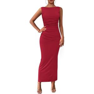 PRETTYGARDEN Women’s 2026 Summer Semi Formal Midi Dresses Sleeveless Ruched Bodycon Long Elegant Cocktail Wedding Guest Dress(Wine Red)