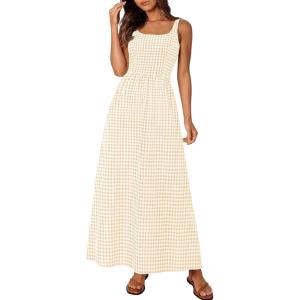 PRETTYGARDEN Women’s 2026 Summer Spaghetti Strap Maxi Dresses Plaid Square Neck A Line Casual Beach Vacation Long Sundress(Beige)
