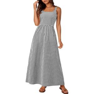 PRETTYGARDEN Women’s 2026 Summer Spaghetti Strap Maxi Dresses Plaid Square Neck A Line Casual Beach Vacation Long Sundress(Black)