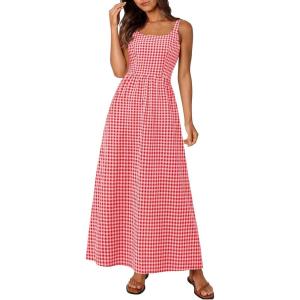 PRETTYGARDEN Women’s 2026 Summer Spaghetti Strap Maxi Dresses Plaid Square Neck A Line Casual Beach Vacation Long Sundress(Brilliant Red)