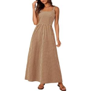 PRETTYGARDEN Women’s 2026 Summer Spaghetti Strap Maxi Dresses Plaid Square Neck A Line Casual Beach Vacation Long Sundress(Coffee)