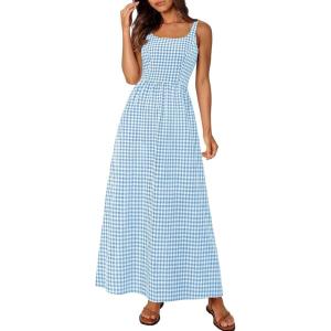 PRETTYGARDEN Women’s 2026 Summer Spaghetti Strap Maxi Dresses Plaid Square Neck A Line Casual Beach Vacation Long Sundress(Dusty Blue)