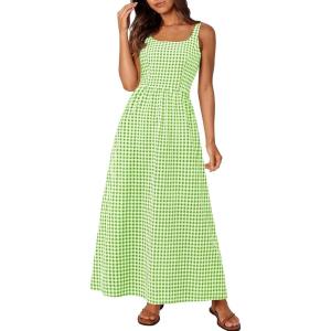 PRETTYGARDEN Women’s 2026 Summer Spaghetti Strap Maxi Dresses Plaid Square Neck A Line Casual Beach Vacation Long Sundress(Green)