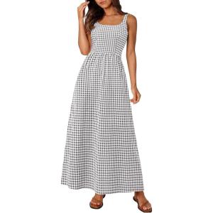 PRETTYGARDEN Women’s 2026 Summer Spaghetti Strap Maxi Dresses Plaid Square Neck A Line Casual Beach Vacation Long Sundress(Grey)