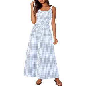 PRETTYGARDEN Women’s 2026 Summer Spaghetti Strap Maxi Dresses Plaid Square Neck A Line Casual Beach Vacation Long Sundress(Light Blue)