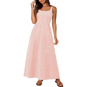 PRETTYGARDEN Women’s 2026 Summer Spaghetti Strap Maxi Dresses Plaid Square Neck A Line Casual Beach Vacation Long Sundress(Pink)