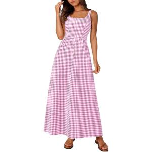 PRETTYGARDEN Women’s 2026 Summer Spaghetti Strap Maxi Dresses Plaid Square Neck A Line Casual Beach Vacation Long Sundress(Pink Purple)