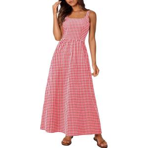 PRETTYGARDEN Women’s 2026 Summer Spaghetti Strap Maxi Dresses Plaid Square Neck A Line Casual Beach Vacation Long Sundress(Red)