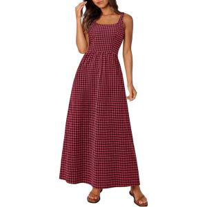 PRETTYGARDEN Women’s 2026 Summer Spaghetti Strap Maxi Dresses Plaid Square Neck A Line Casual Beach Vacation Long Sundress(Red Black)
