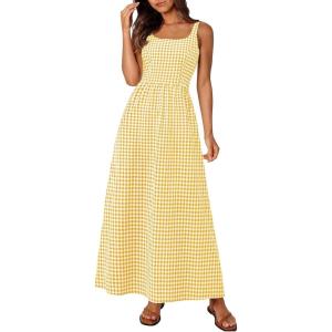 PRETTYGARDEN Women’s 2026 Summer Spaghetti Strap Maxi Dresses Plaid Square Neck A Line Casual Beach Vacation Long Sundress(Yellow)