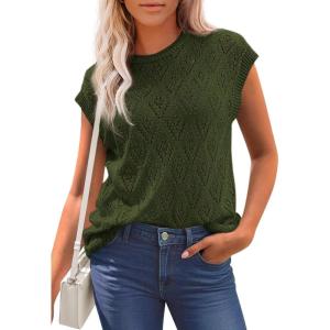 PRETTYGARDEN Women’s 2026 Summer Sweater Vest Lightweight Knit Cap Sleeve Hollow Out Tank Tops Crochet Coverup Spring Outfits(Army Green)