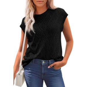 PRETTYGARDEN Women’s 2026 Summer Sweater Vest Lightweight Knit Cap Sleeve Hollow Out Tank Tops Crochet Coverup Spring Outfits(Black)