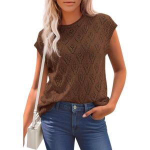 PRETTYGARDEN Women’s 2026 Summer Sweater Vest Lightweight Knit Cap Sleeve Hollow Out Tank Tops Crochet Coverup Spring Outfits(Brown)