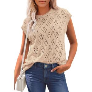 PRETTYGARDEN Women’s 2026 Summer Sweater Vest Lightweight Knit Cap Sleeve Hollow Out Tank Tops Crochet Coverup Spring Outfits(Light Khaki)