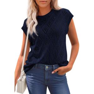 PRETTYGARDEN Women’s 2026 Summer Sweater Vest Lightweight Knit Cap Sleeve Hollow Out Tank Tops Crochet Coverup Spring Outfits(Navy Blue)