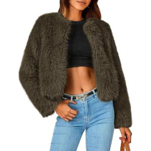 PRETTYGARDEN Women’s 2026 Winter Coats Fleece Cropped Jacket Faux Fur Long Sleeve Pockets Shaggy Warm Outerwear Fall Clothes(Army Green)