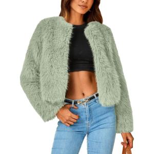 PRETTYGARDEN Women’s 2026 Winter Coats Fleece Cropped Jacket Faux Fur Long Sleeve Pockets Shaggy Warm Outerwear Fall Clothes(Bean Green)